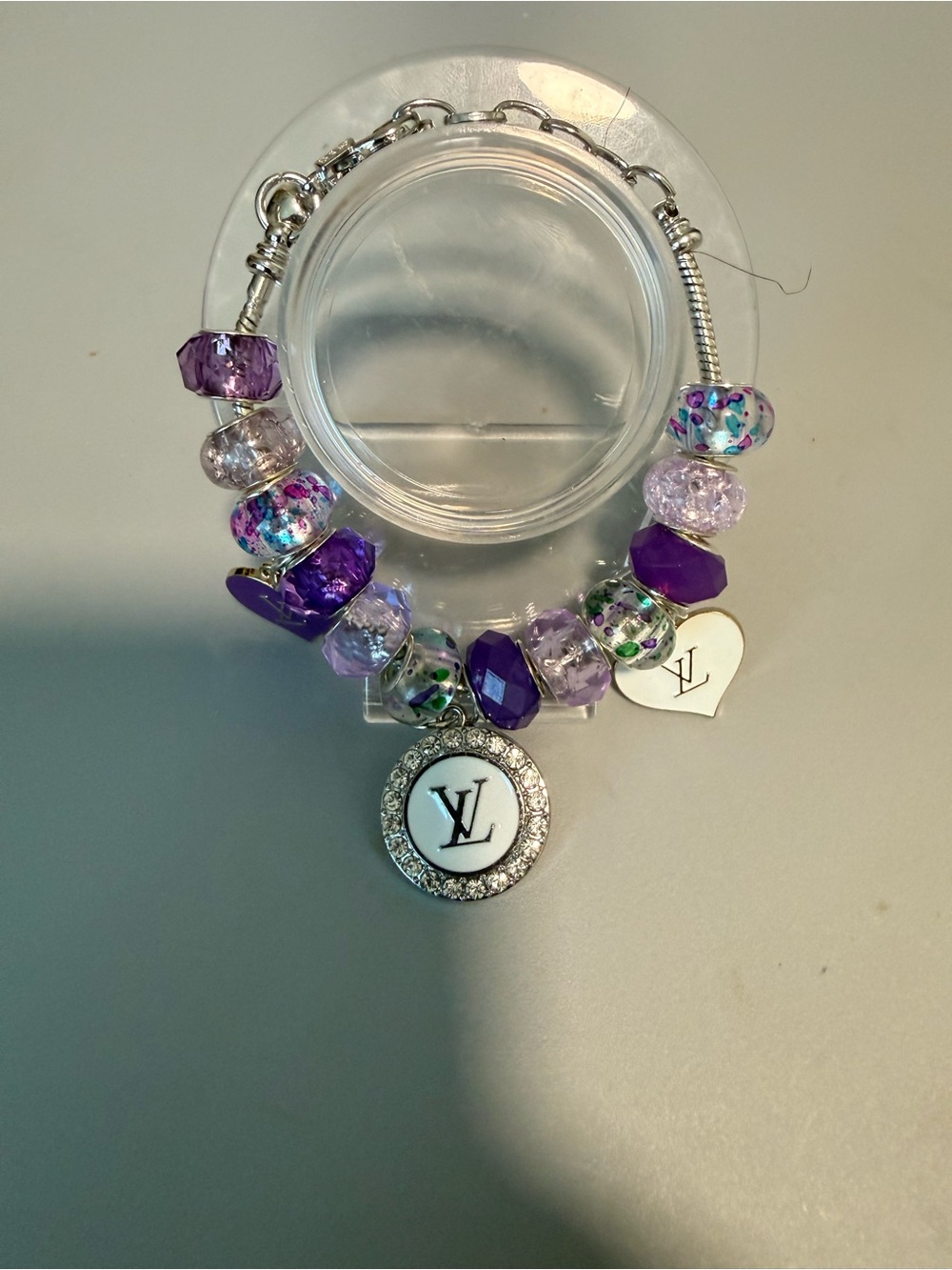 Designer-Inspired Purple Charm Bracelet with Logo Heart and Crystal Disc